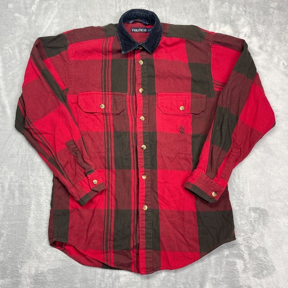 Nautica Other - Vtg Nautica Flannel Shirt Mens Small Red Green Plaid Corduroy Collar Button-Up
